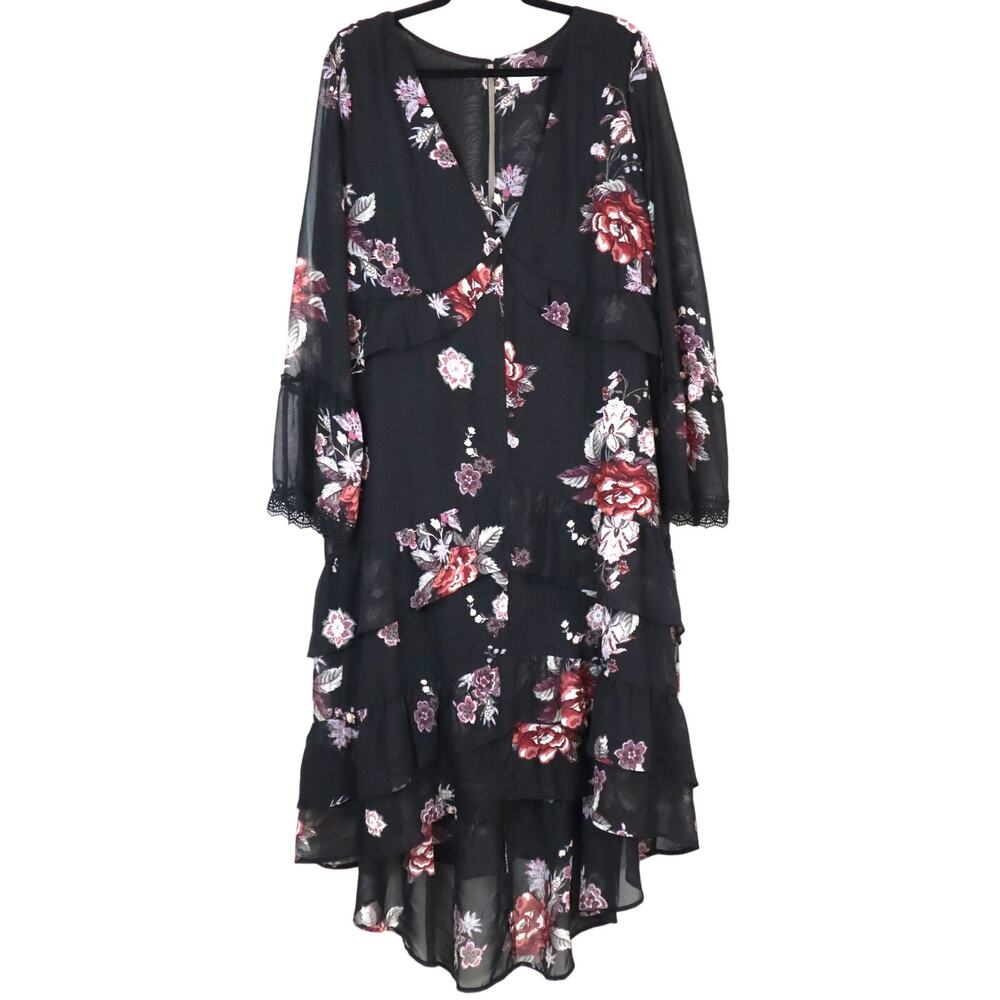 Black Hi Low Dress Ruffles Tiered Layers Bell Sleeve Pink Roses Lace Chiffon L